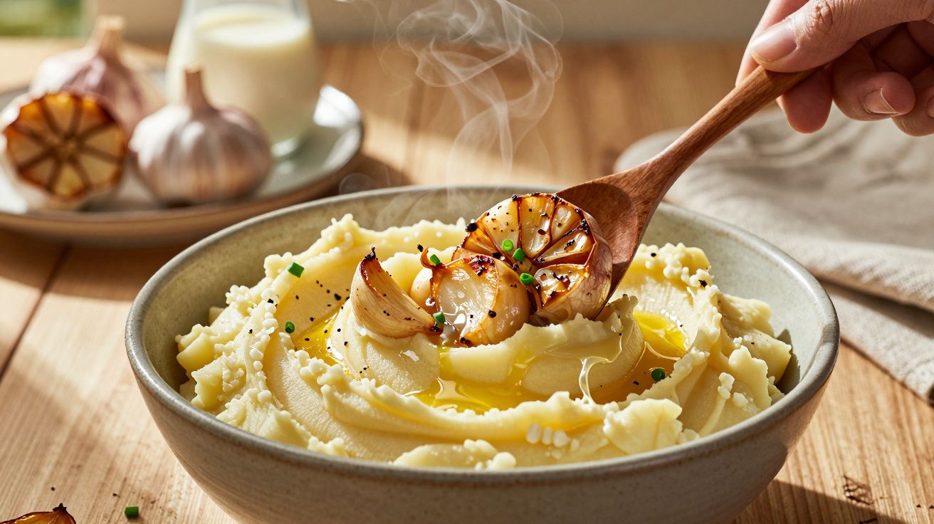 Tigela de puré de batata com alho assado fumegante sendo servido com colher de pau sobre mesa de madeira.