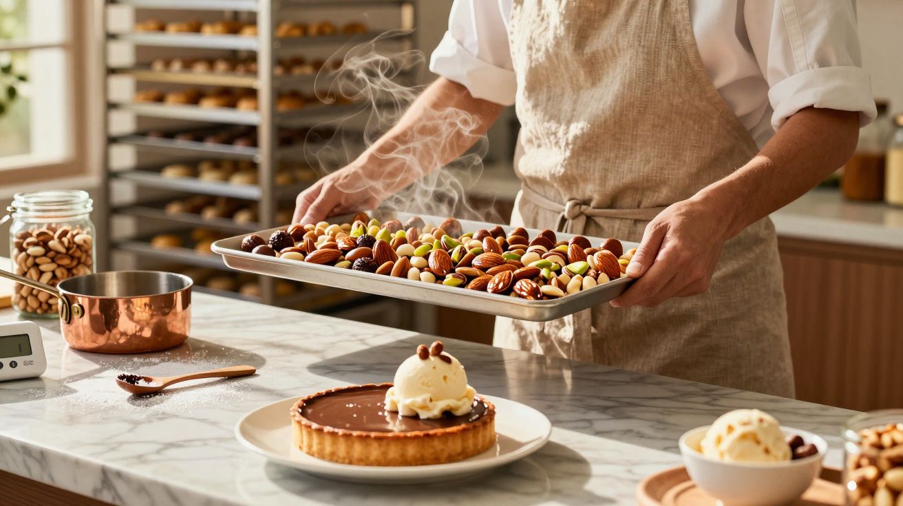 Pessoa com avental a segurar tabuleiro de frutos secos quentes numa cozinha, com sobremesa de chocolate e gelado à frente.
