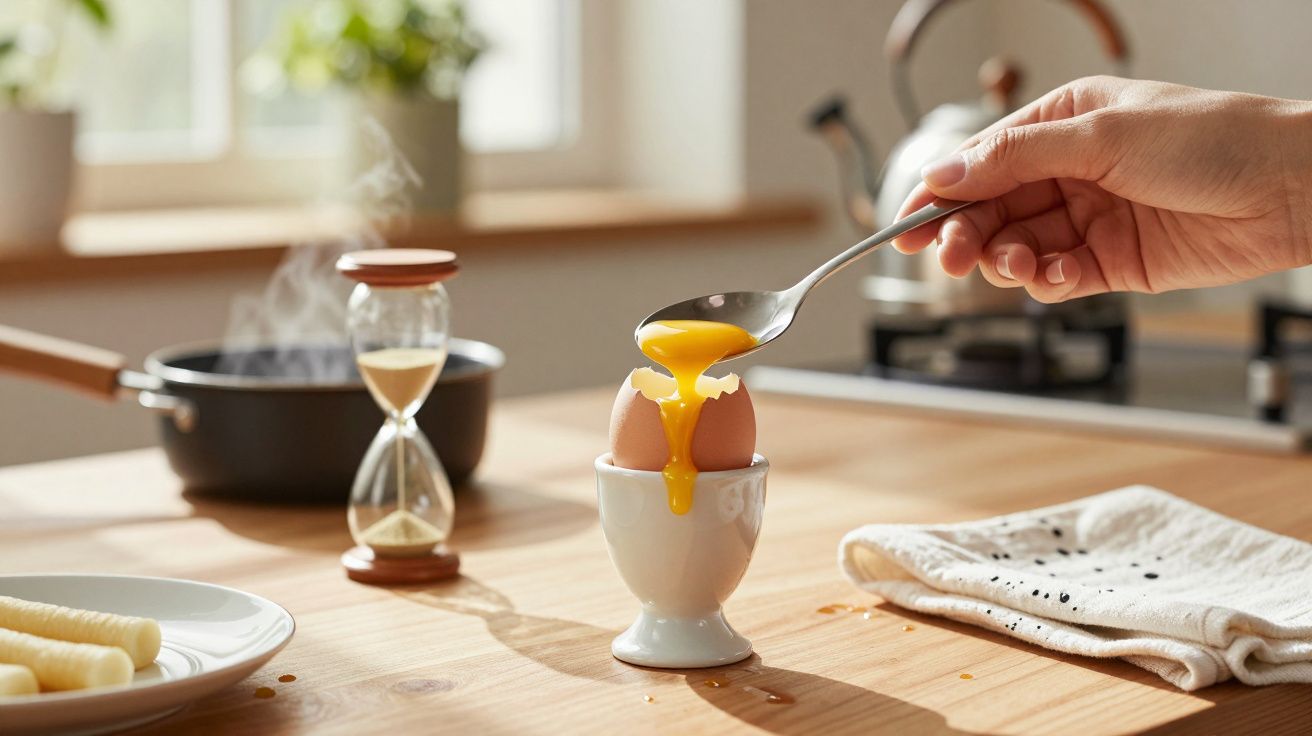 Mão a verter gema de ovo em colher sobre ovo cozido em pé na cozinha com pano, ampulheta e panela ao fundo.