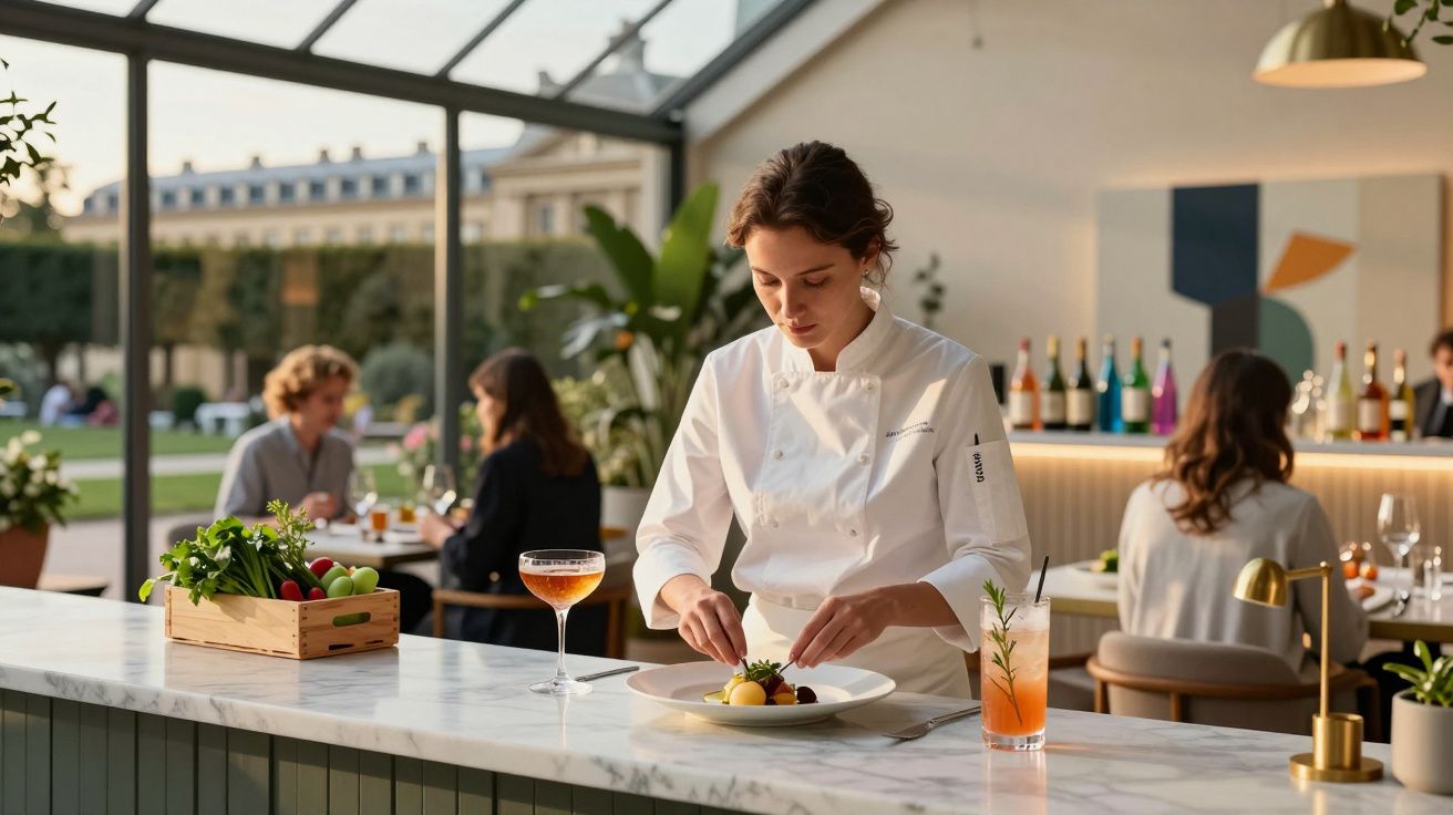 Chef trabalha na apresentação final de prato sofisticado num restaurante com clientes ao fundo.