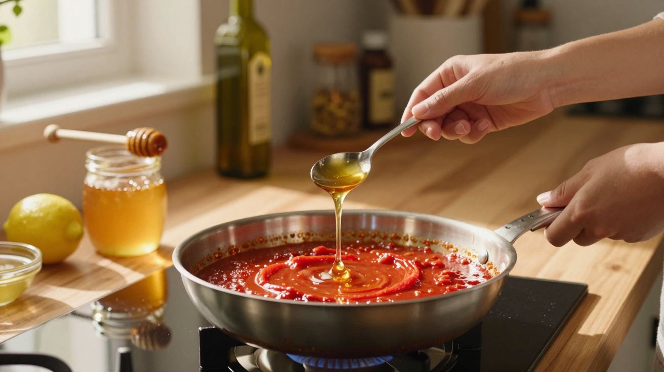 Pessoa a verter mel sobre molho de tomate a cozinhar numa frigideira numa cozinha iluminada.