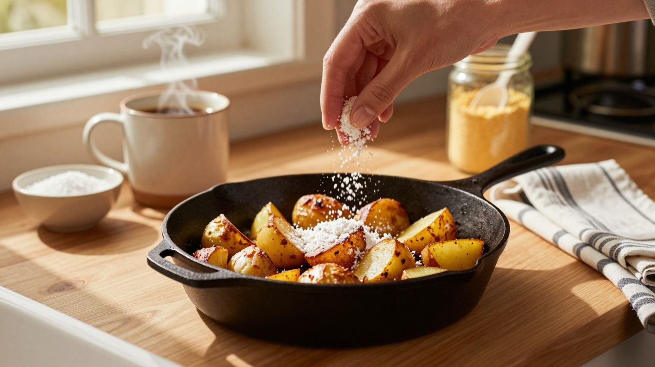 Mão a temperar batatas assadas numa frigideira de ferro em cozinha com chá quente ao fundo.
