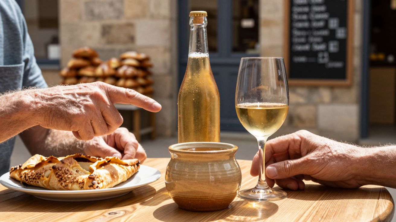 Mesa de madeira com pastelaria, garrafa, copo de vinho branco e mãos de idosos em café ao ar livre.