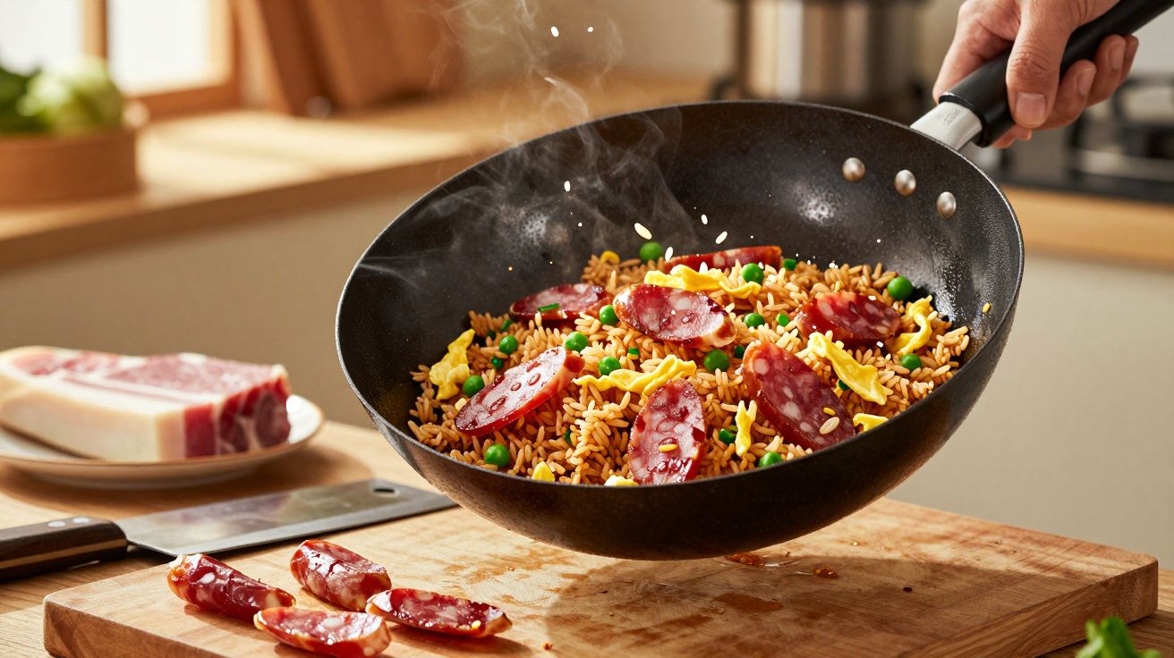 Panela com arroz frito, ervilhas e fatias de chouriço, a ser mexido em tábua de madeira na cozinha.
