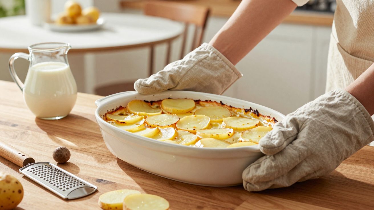 Pessoa a retirar do forno um gratinado de batatas numa forma branca, com luvas de cozinha.