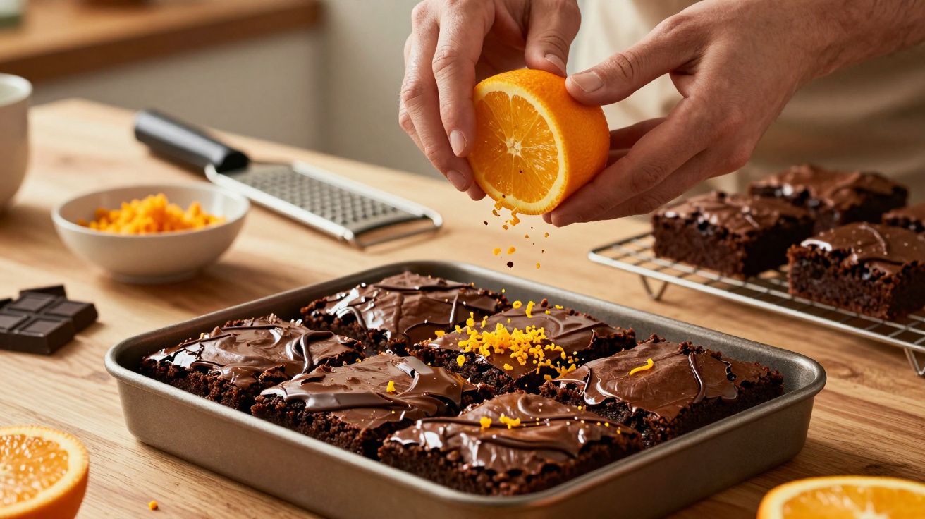 Pessoa a ralar casca de laranja sobre brownies de chocolate numa forma metálica.