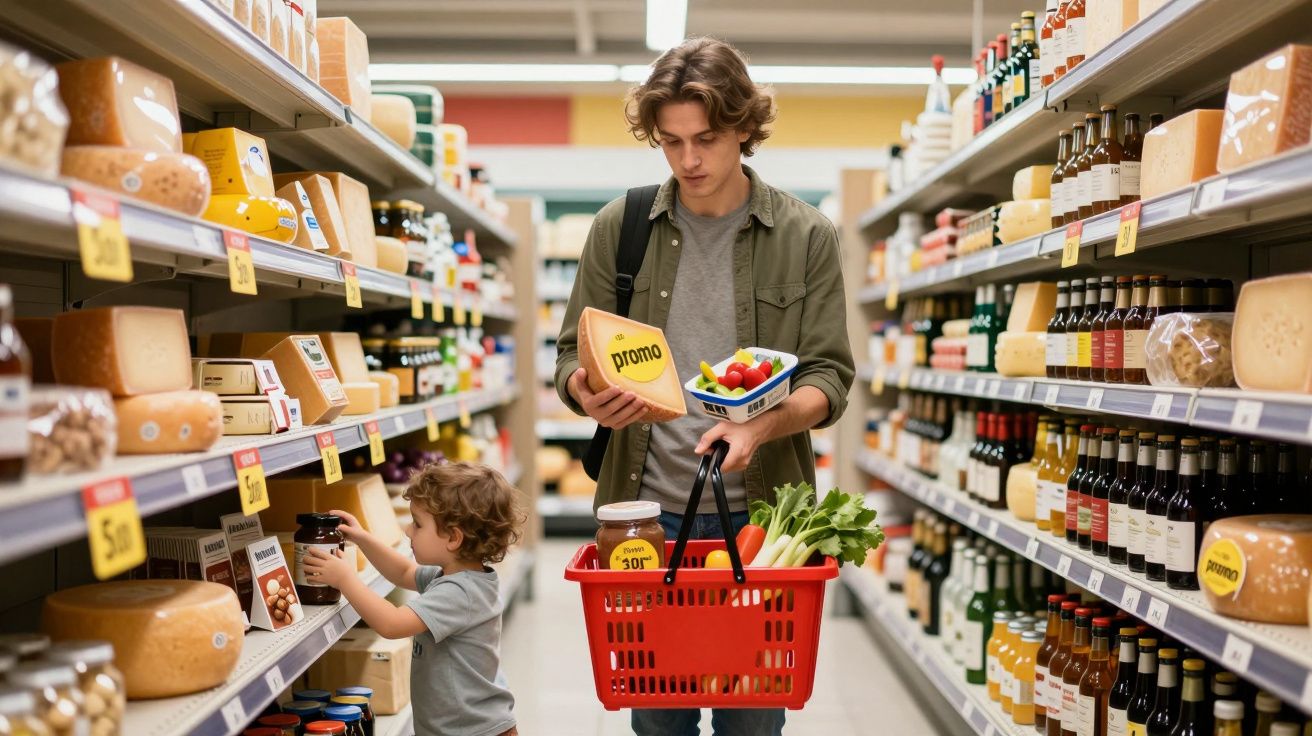 Homem com criança faz compras no supermercado, segurando cesto e produtos em promoção nas prateleiras.