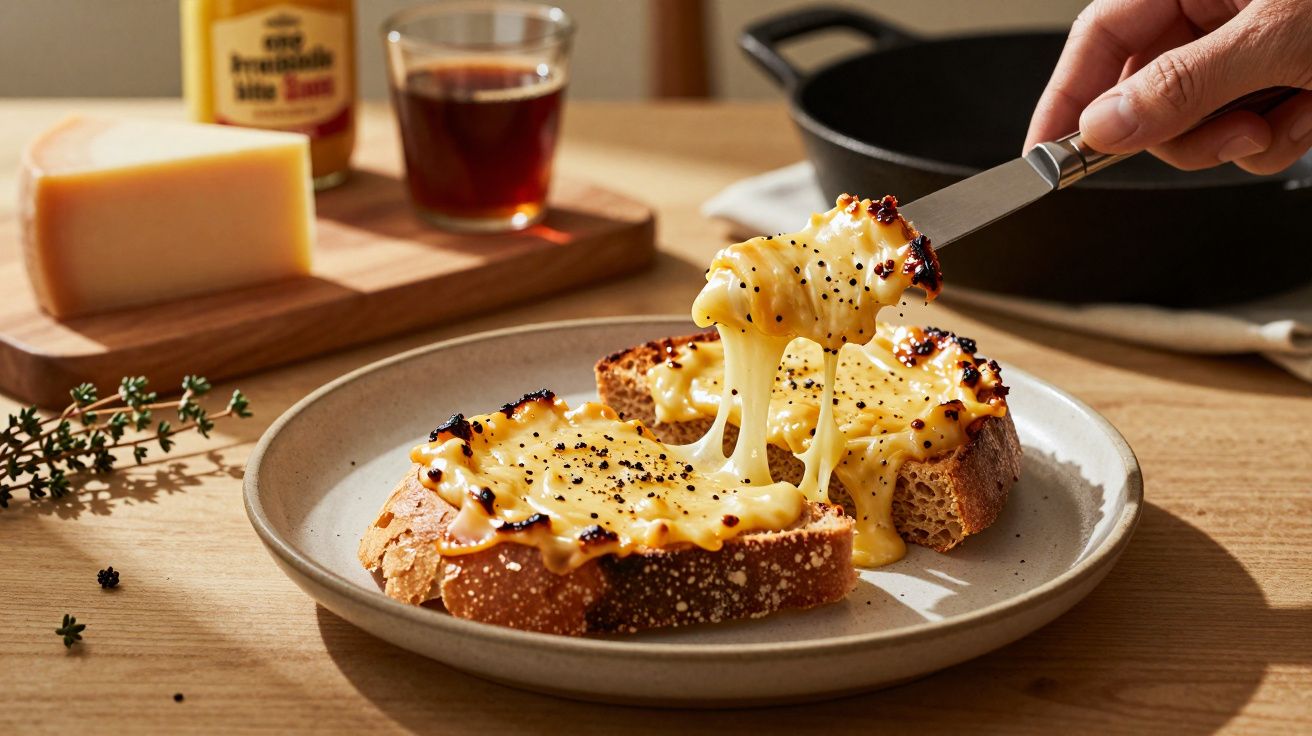 Torrada com queijo gratinado derretido e pimenta preta, com queijo e molho ao fundo numa mesa de madeira.