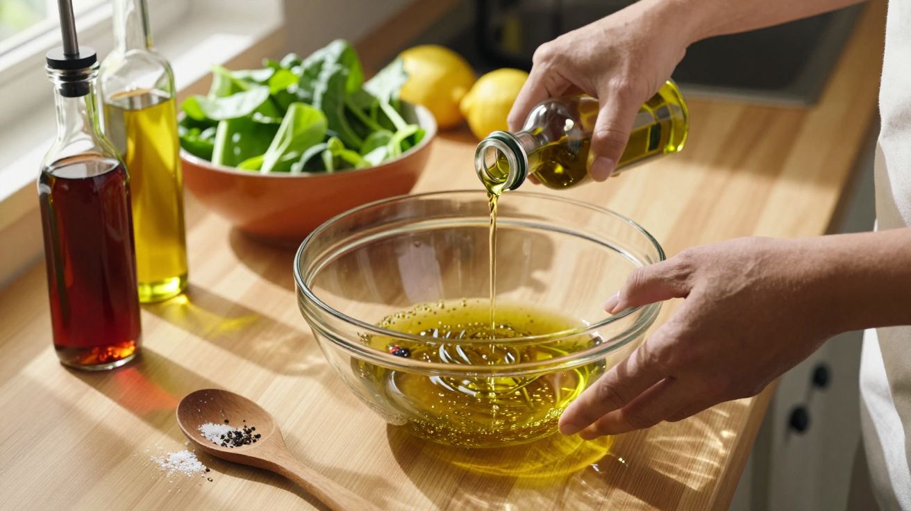 Pessoa a verter azeite numa taça de vidro para preparar salada numa cozinha iluminada.