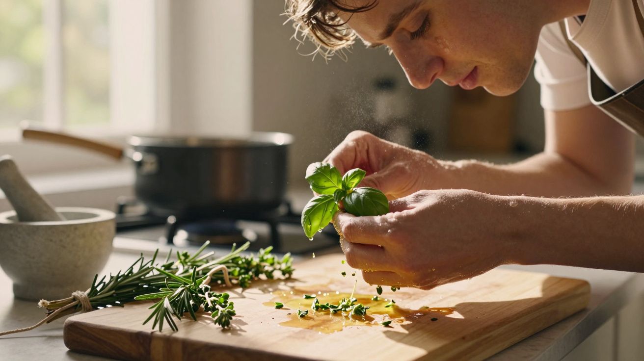 Jovem cozinha molho com ervas frescas, incluindo manjericão e tomilho, numa cozinha iluminada.