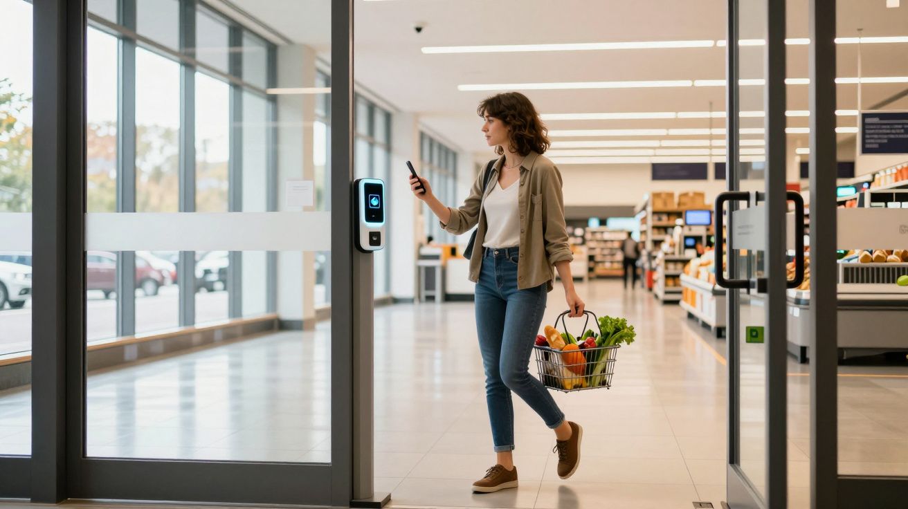 Mulher com cesta de compras usa telemóvel para entrar em supermercado moderno com portas automáticas.