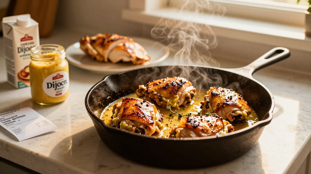 Frango dourado a cozinhar numa frigideira preta com mostarda Dijon e creme numa bancada de cozinha.