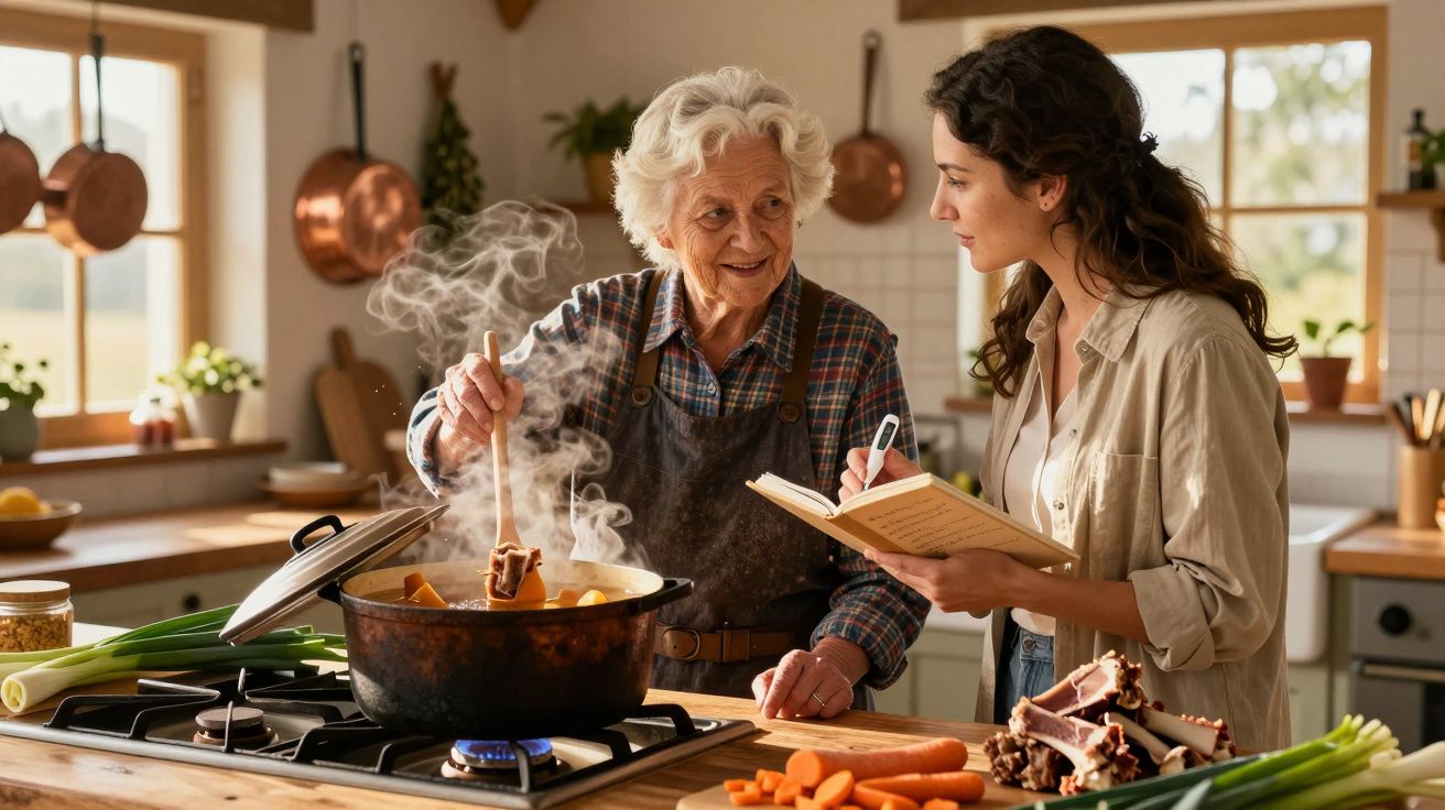 Idosa a cozinhar no fogão enquanto explica a receita a uma mulher mais nova que anota num caderno na cozinha iluminada.