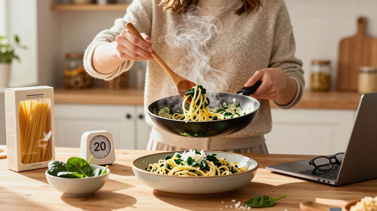 Pessoa a servir esparguete com espinafres e queijo numa taça numa cozinha moderna.