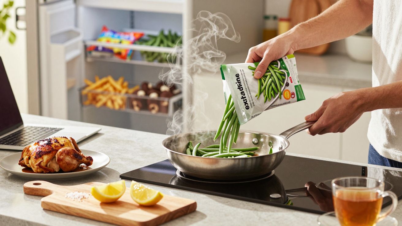 Pessoa a cozinhar feijão verde numa frigideira, com frango assado, limão e chá na mesa.