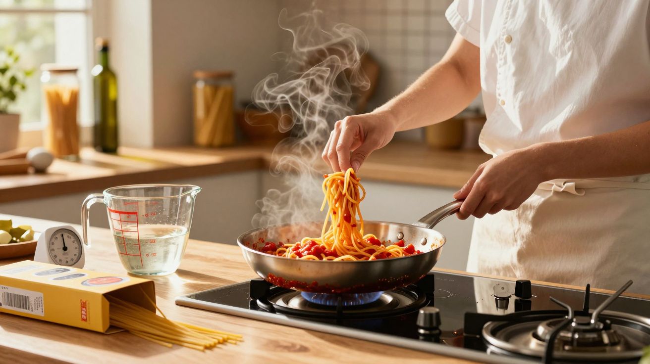 Pessoa a cozinhar esparguete com tomate numa panela no fogão de gás numa cozinha iluminada.
