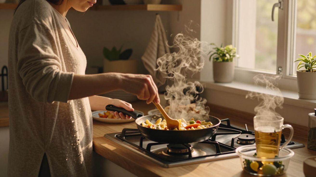 Pessoa a cozinhar legumes numa frigideira com vapor numa cozinha iluminada pela luz natural.
