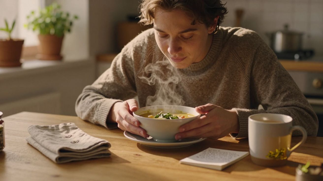 Pessoa sentada a cheirar uma tigela de sopa quente numa mesa de madeira com chávena e bloco de notas.