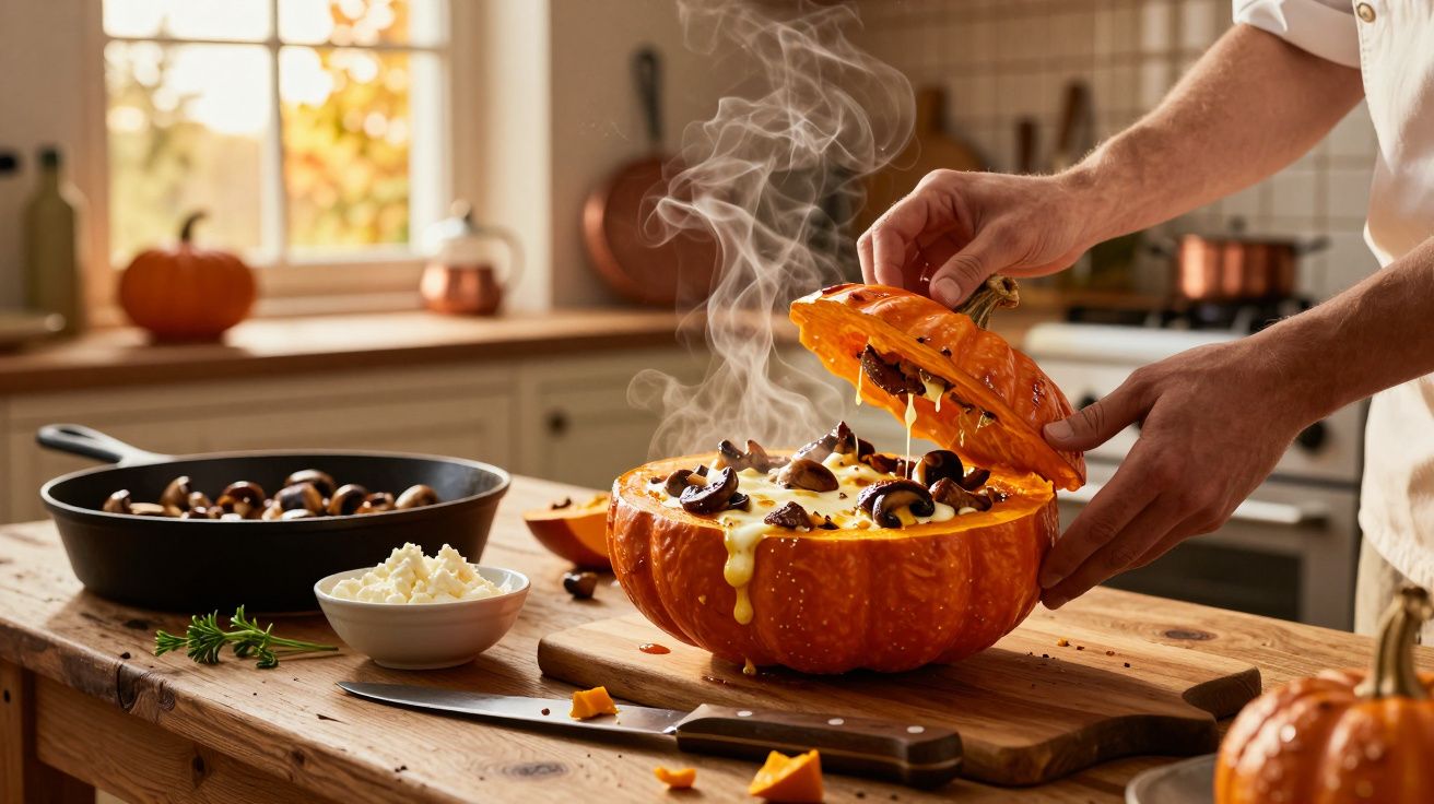 Abóbora recheada com queijo derretido e cogumelos, numa cozinha iluminada por luz natural.