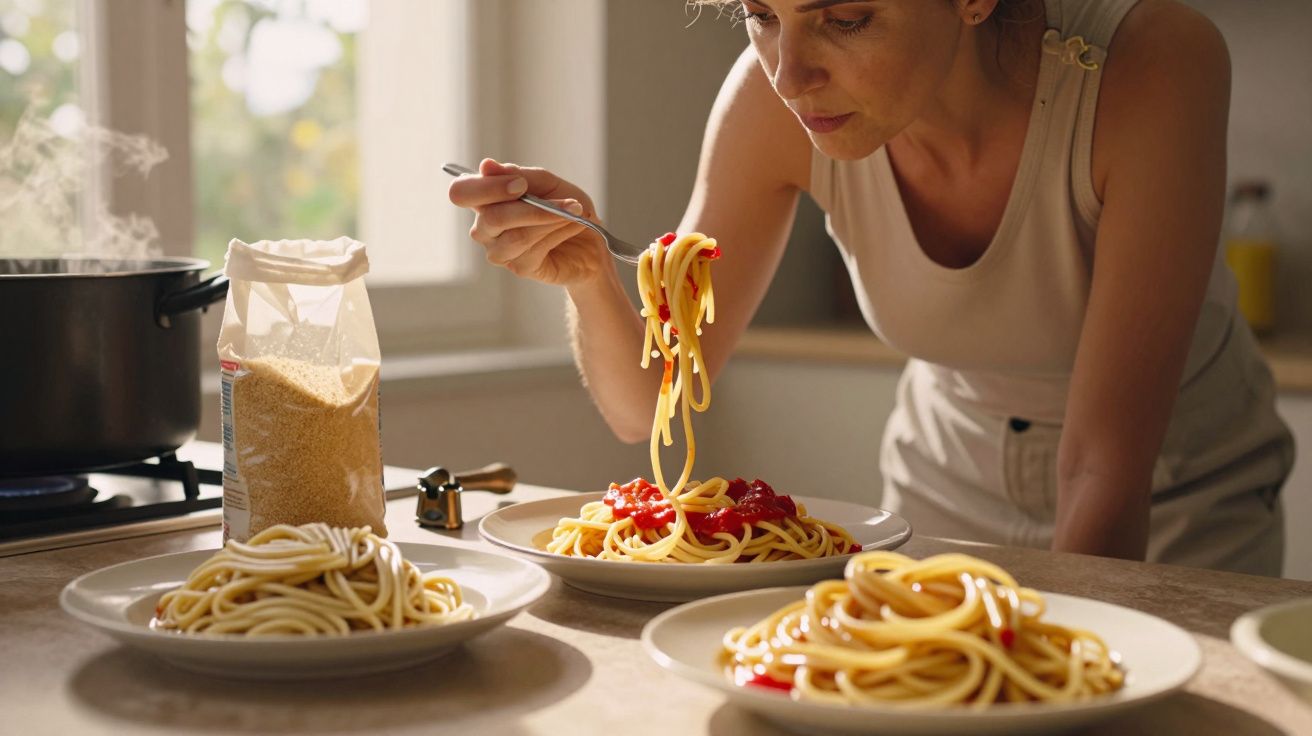 Mulher a servir esparguete com molho de tomate em três pratos numa cozinha iluminada.