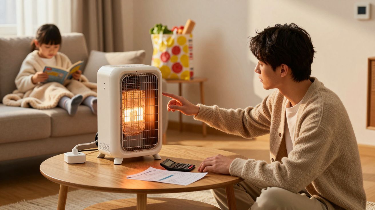 Homem liga aquecedor portátil enquanto criança lê no sofá numa sala de estar acolhedora.
