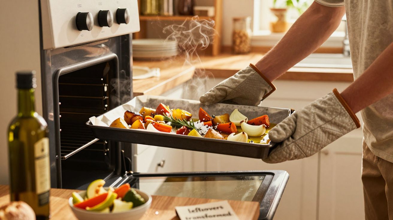 Pessoa a tirar tabuleiro com legumes assados quentes do forno numa cozinha light.