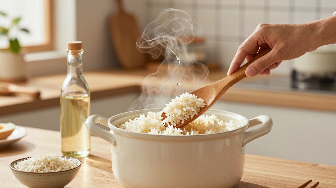 Mão a mexer arroz quente e fumegante numa panela branca numa cozinha luminosa e organizada.