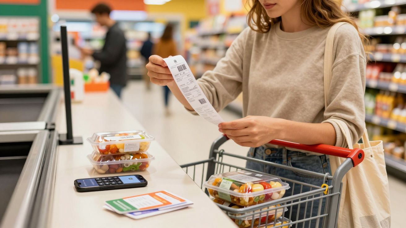 Mulher verifica o talão de compras num supermercado com carrinho e dois saldos de salada embalados.