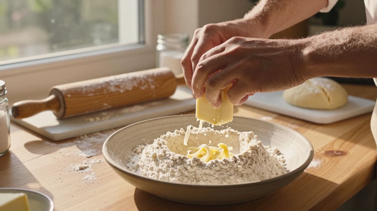 Mãos a colocar manteiga em farinha para fazer massa, com rolo de cozinha e bola de massa ao fundo.