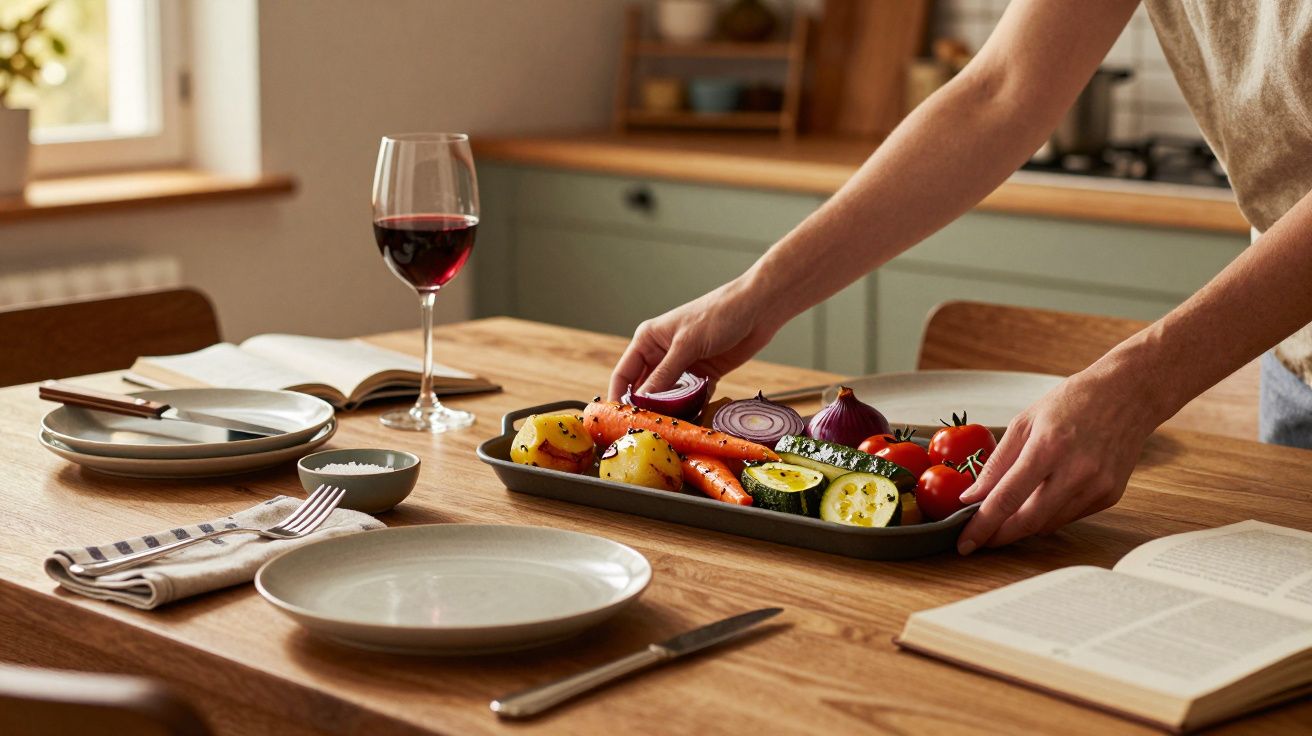 Pessoa a colocar travessa com legumes assados numa mesa de jantar junto a copo de vinho e livro aberto.