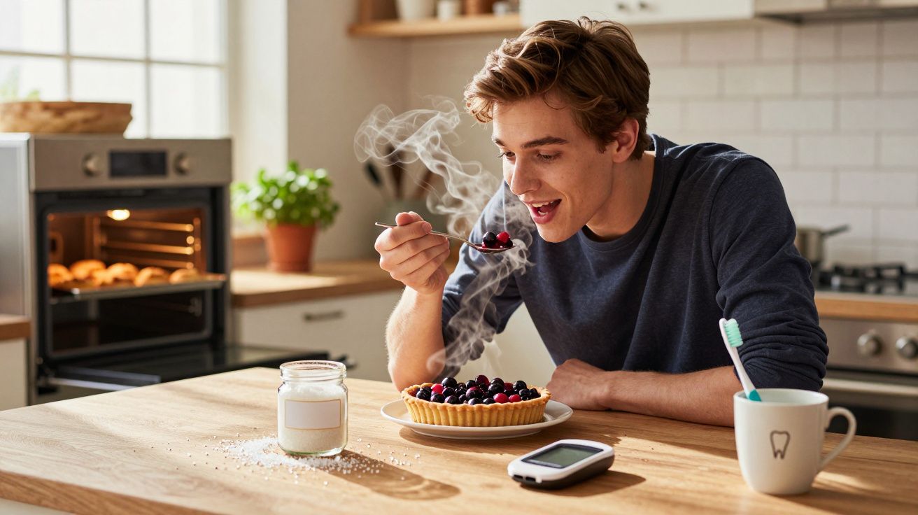 Rapaz a saborear torta de frutos vermelhos quente numa cozinha moderna iluminada.