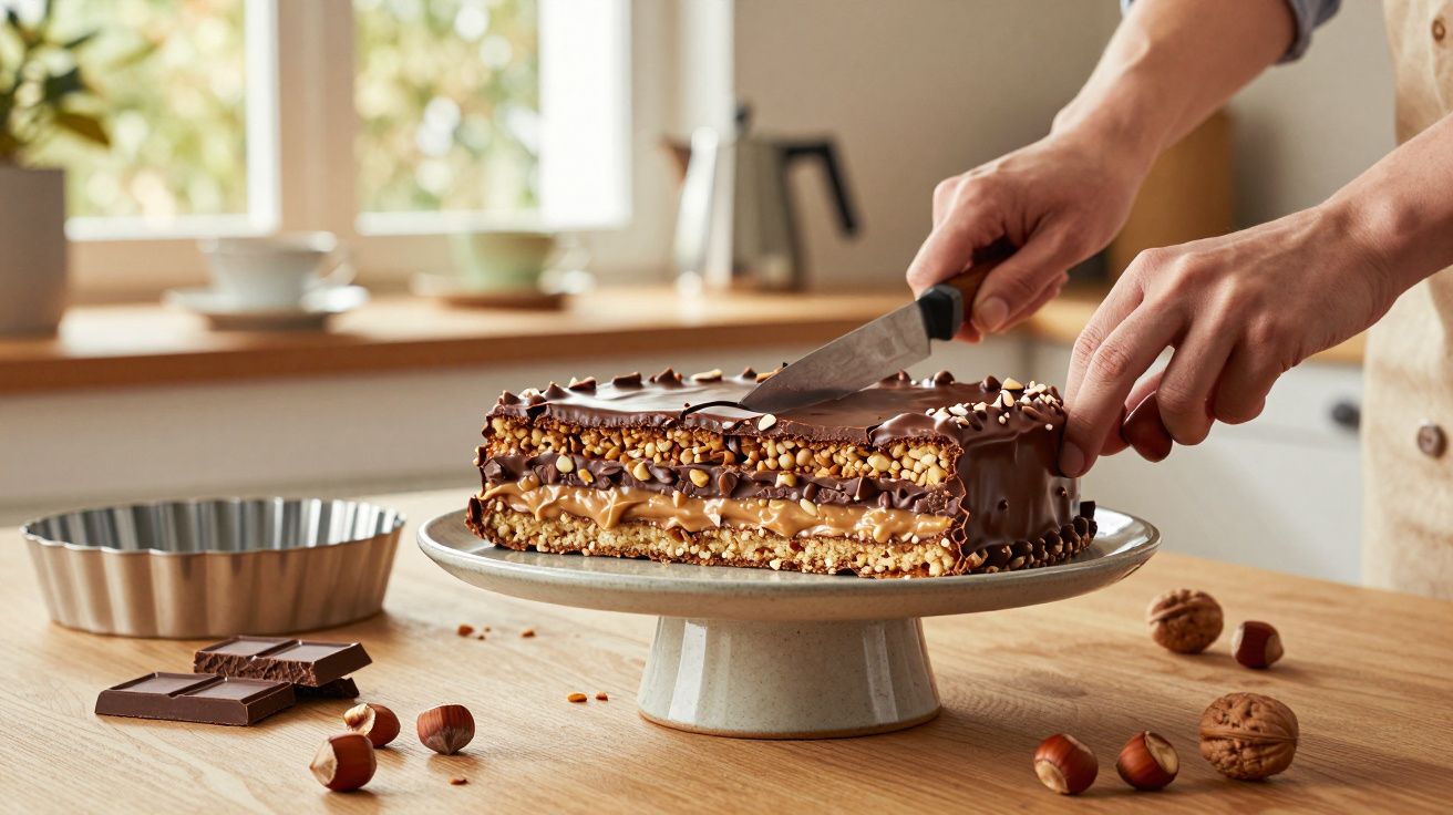Pessoa a cortar bolo retangular coberto com chocolate e nougat numa cozinha iluminada.