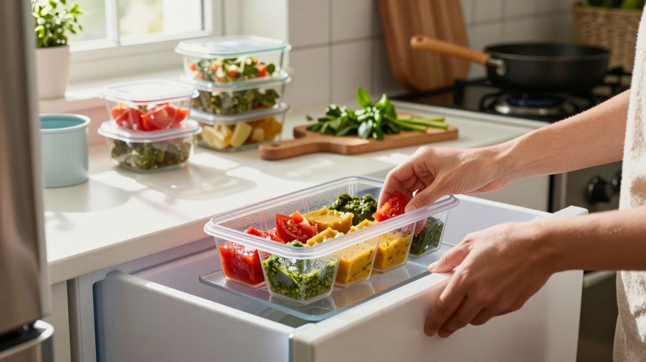Mãos guardam recipiente com vegetais frescos numa gaveta de frigorífico numa cozinha luminosa.