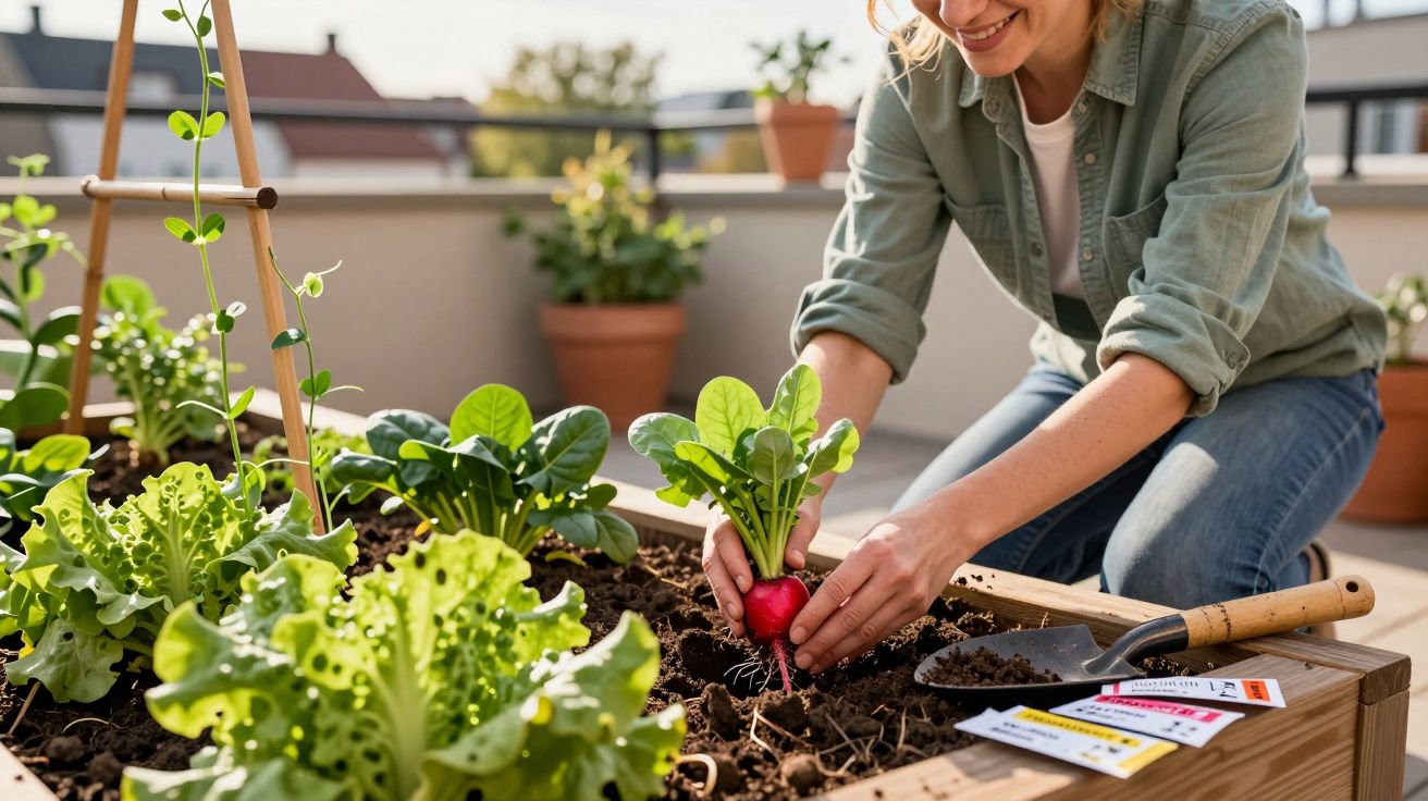 Mulher a colher rabanete numa horta urbana com várias plantas num canteiro de madeira.