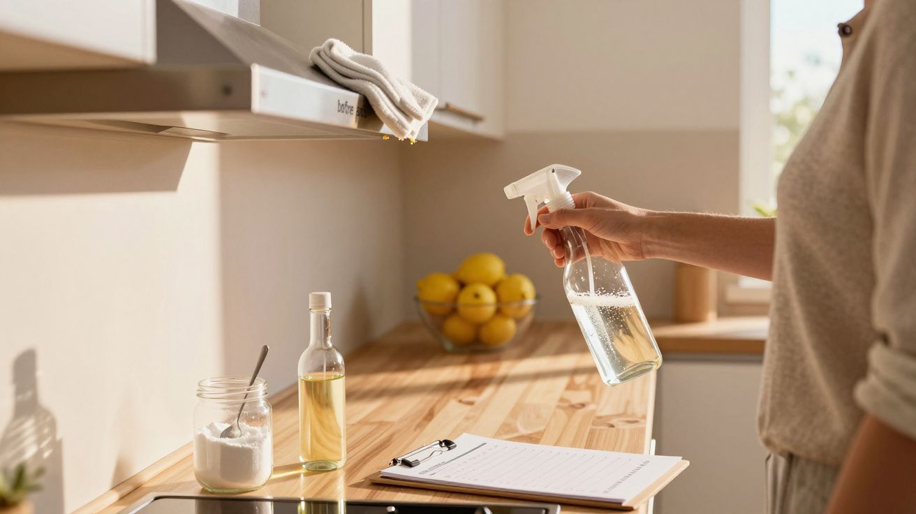 Pessoa a limpar a bancada da cozinha com um pulverizador, ao lado de ingredientes e caderno de receitas.