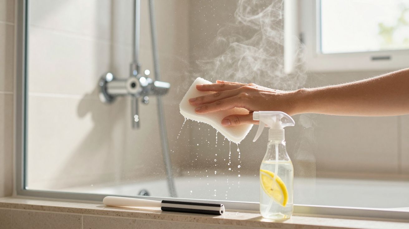 Mão a limpar um espelho embaciado com uma esponja, spray com limão e vapor visível numa casa de banho.