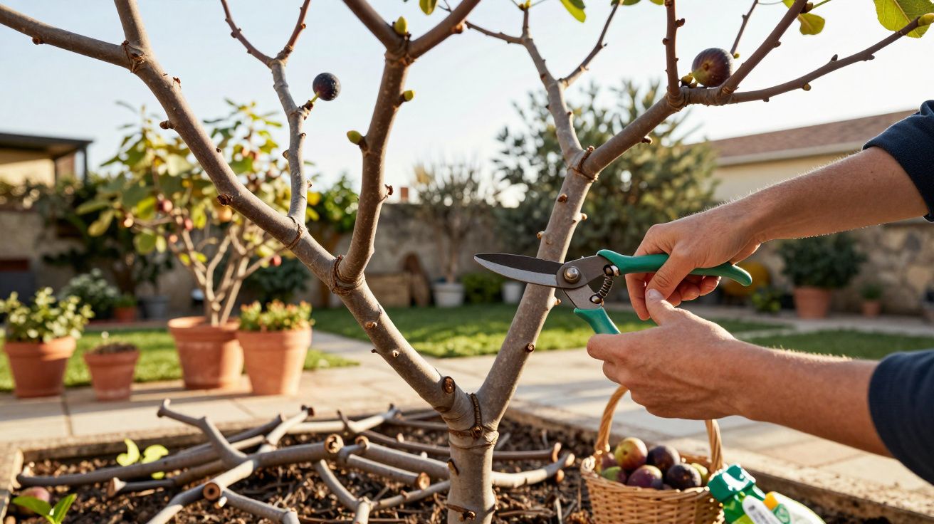 Pessoa a podar uma figueira jovem num jardim com tesoura de poda e cesta com figos.