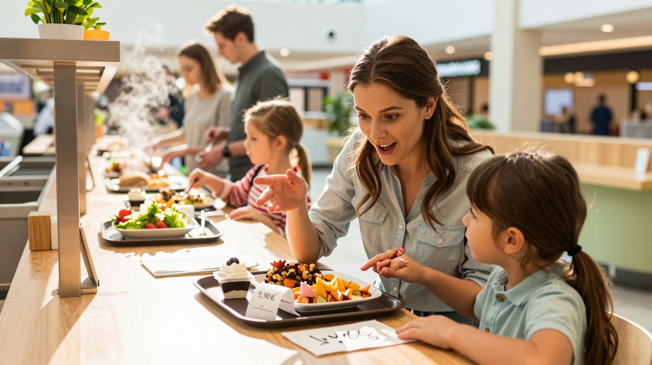 Mãe e filha sentadas numa mesa a escolher comida num restaurante self-service com outras pessoas ao fundo.