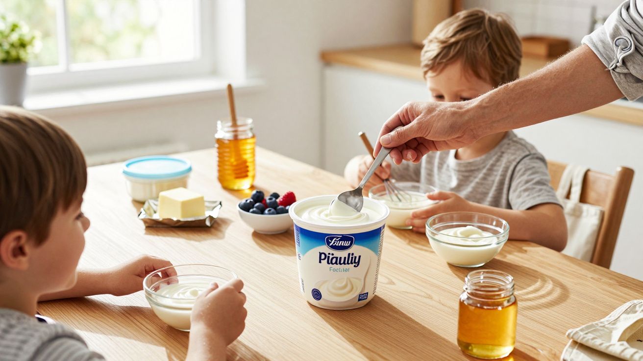 Crianças à mesa com taças de iogurte natural, mel, fruta e manteiga, enquanto um adulto serve iogurte.