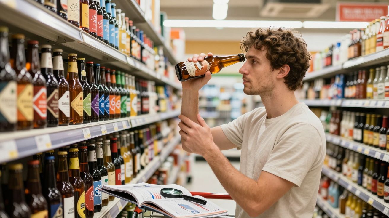 Homem num supermercado a examinar o rótulo de uma garrafa de cerveja na prateleira.