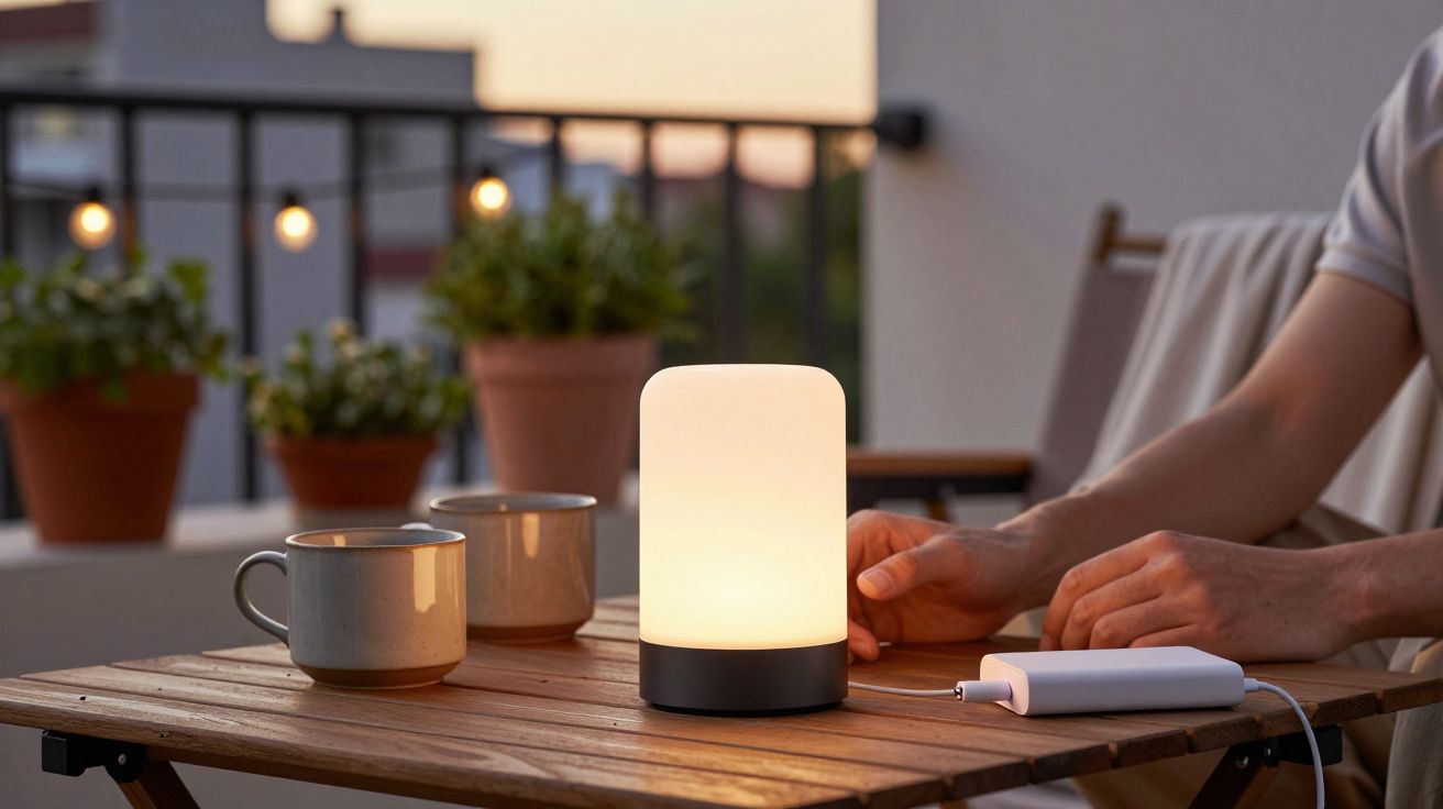 Mesa de madeira com duas canecas, candeeiro iluminado e mãos ao lado de carregador portátil numa varanda.