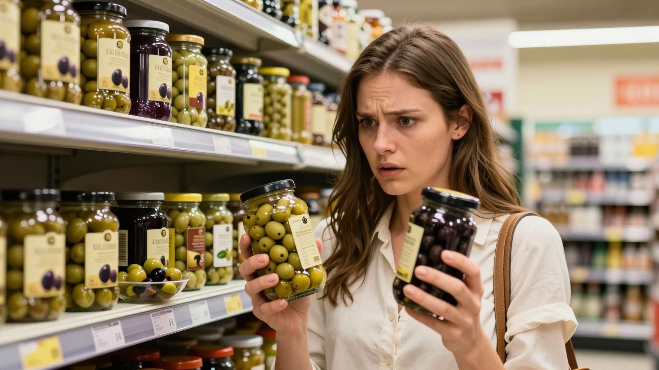 Mulher em supermercado a comparar dois frascos de azeitonas com expressão indecisa.