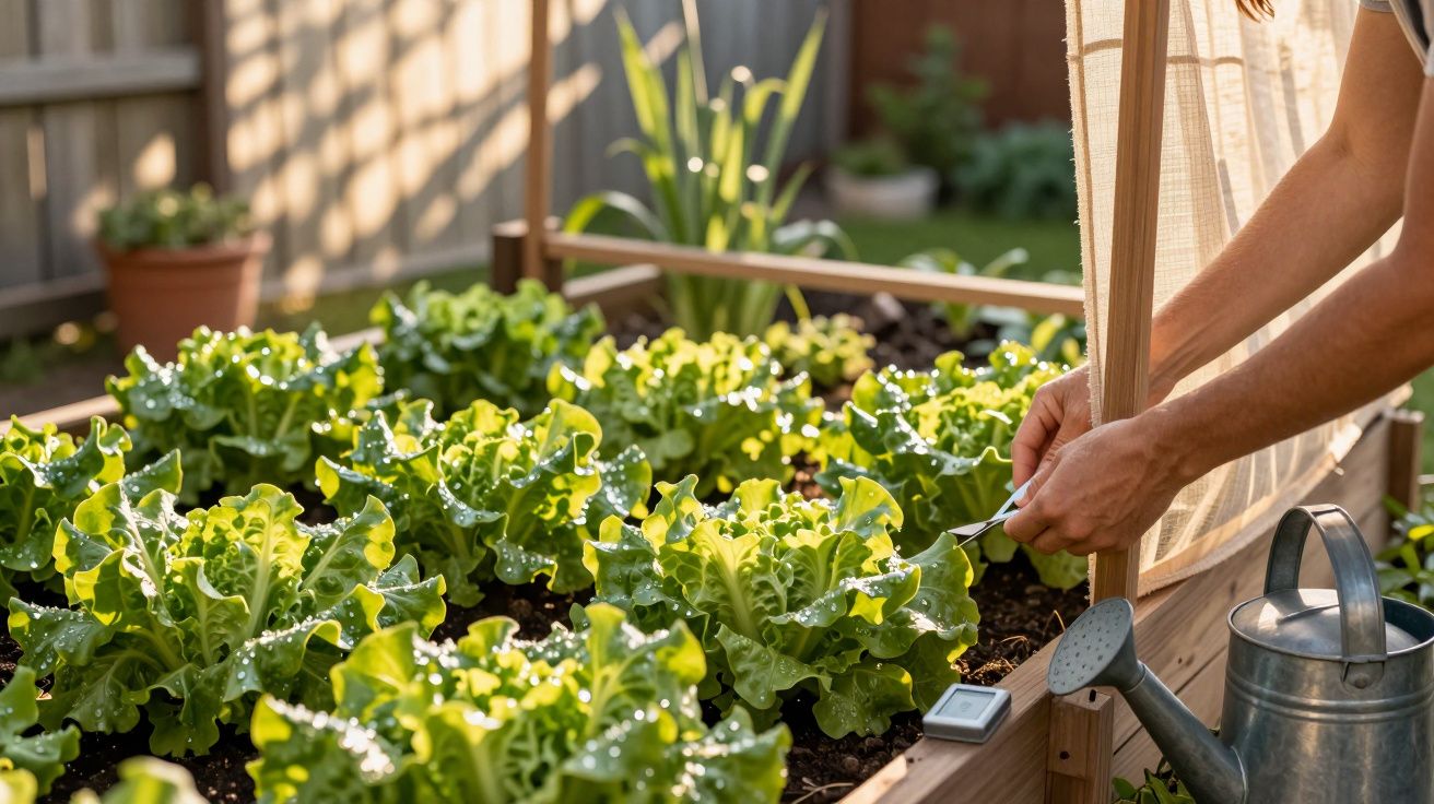 Pessoa a cuidar de alface num canteiro elevado com regador ao lado, ao sol da manhã.