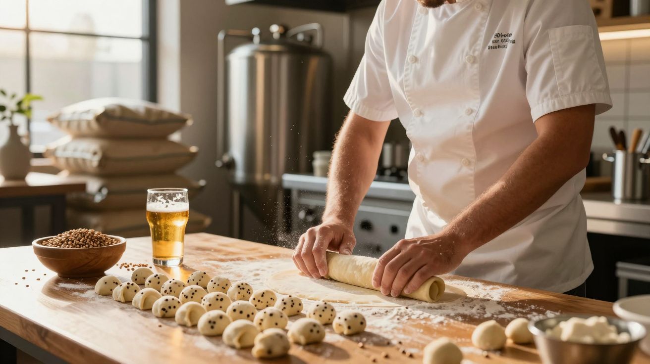 Chef a enrolar massa numa bancada de madeira com bolas de massa e um copo de cerveja ao lado numa cozinha profissional.