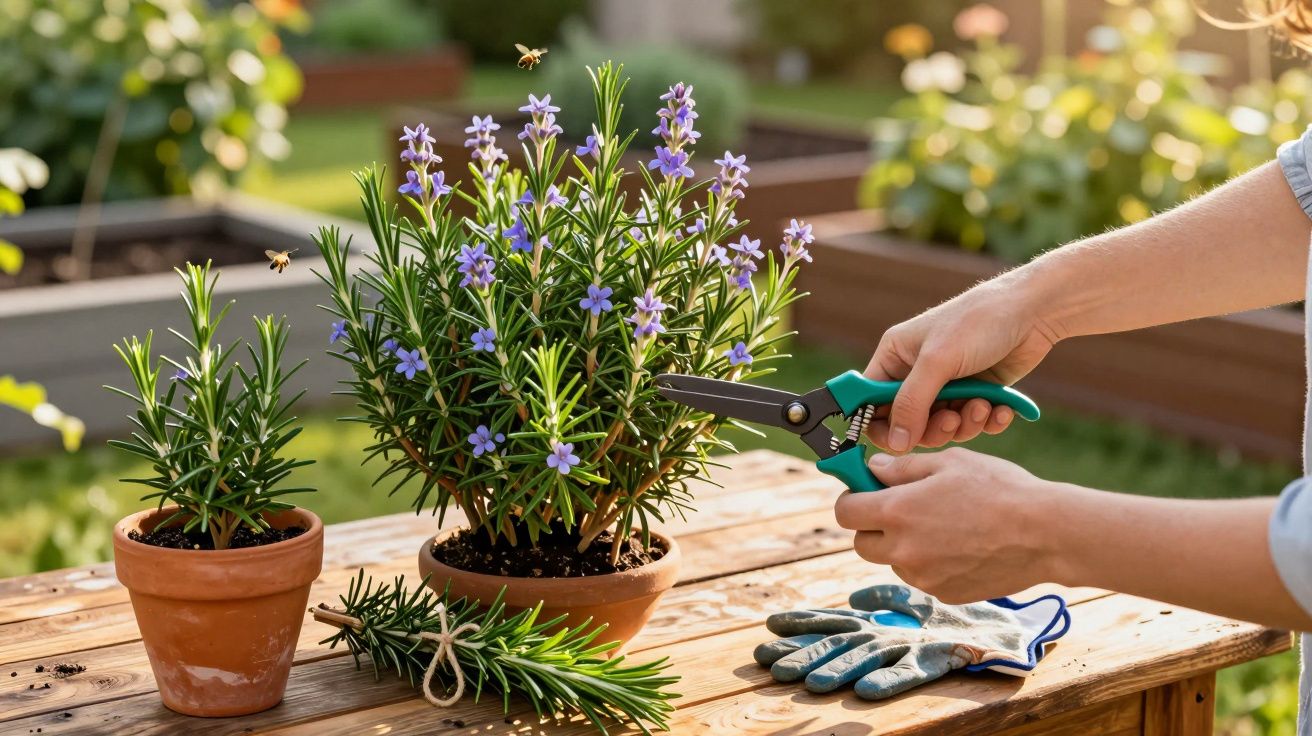 Pessoa a podar planta florida roxa em vaso de barro num jardim com mesa de madeira e luvas.