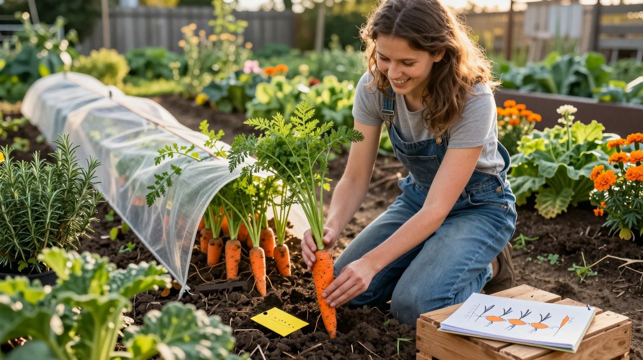 Mulher a colher cenouras num horto, com flores e plantas, durante um dia ensolarado.