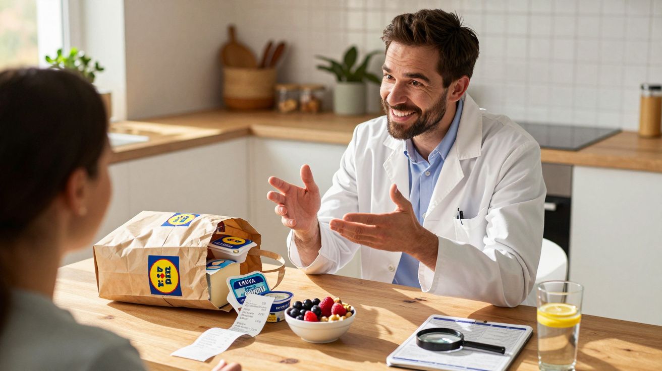 Nutricionista a explicar dieta saudável a paciente, com produtos alimentares e frutas na mesa da cozinha.