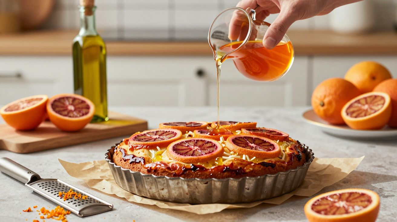 Mão a verter calda sobre tarte decorada com rodelas de laranja sanguínea numa cozinha.