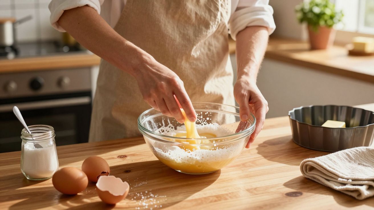 Pessoa a partir ovos numa taça de vidro numa cozinha iluminada, com ovos e açúcar em cima da mesa de madeira.