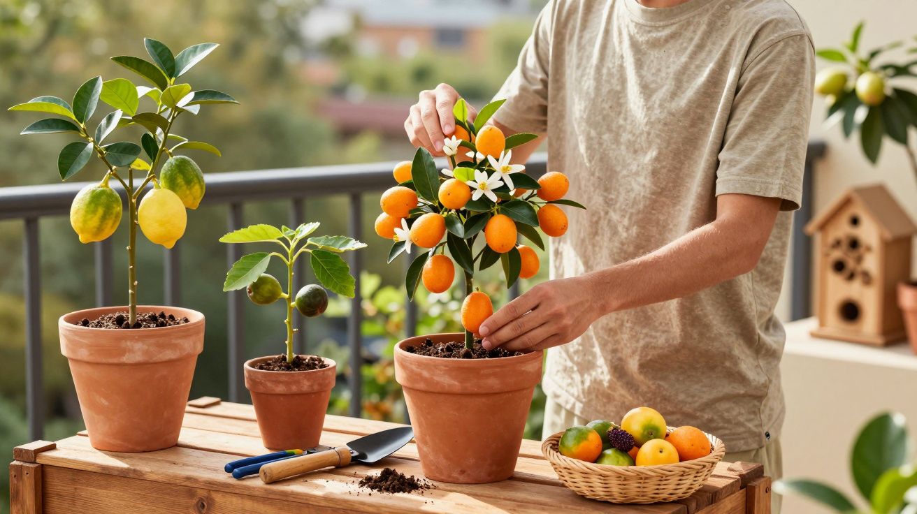 Pessoa a cuidar de plantas cítricas em vasos de barro numa varanda com frutas e ferramentas na mesa de madeira.